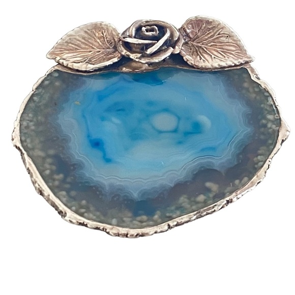 Artist made aqua blue pendant and brooch Sterling silver agate slab rose - Picture 4 of 11